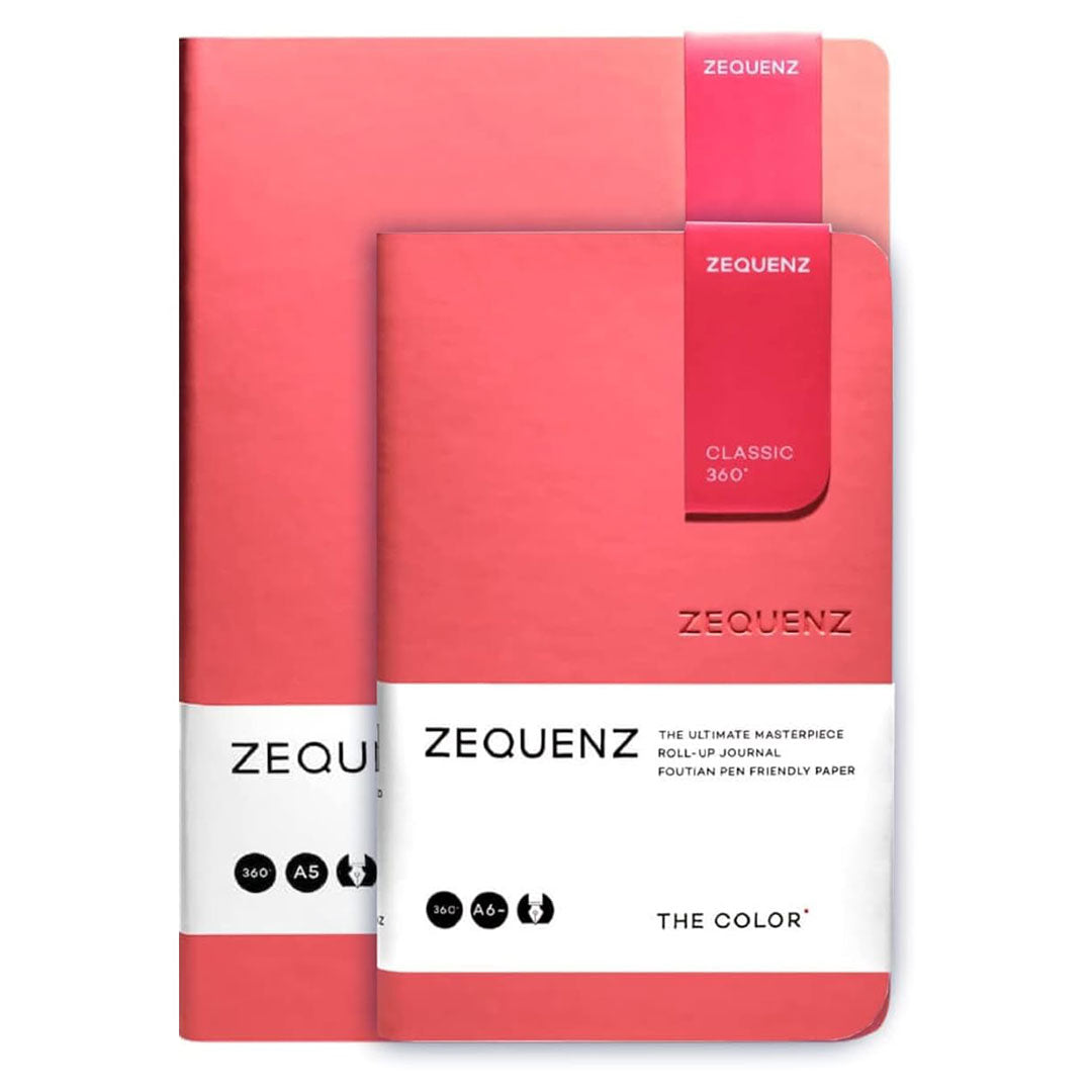 Zequenz A5 & A6- Coral Pink Notebook Set Ruled Acid Free Paper 200 Pages Each 80GSM 360 Degree Flexibility 100% Handmade Fountain Pen Friendly Color Series Pack of 2 Notebooks