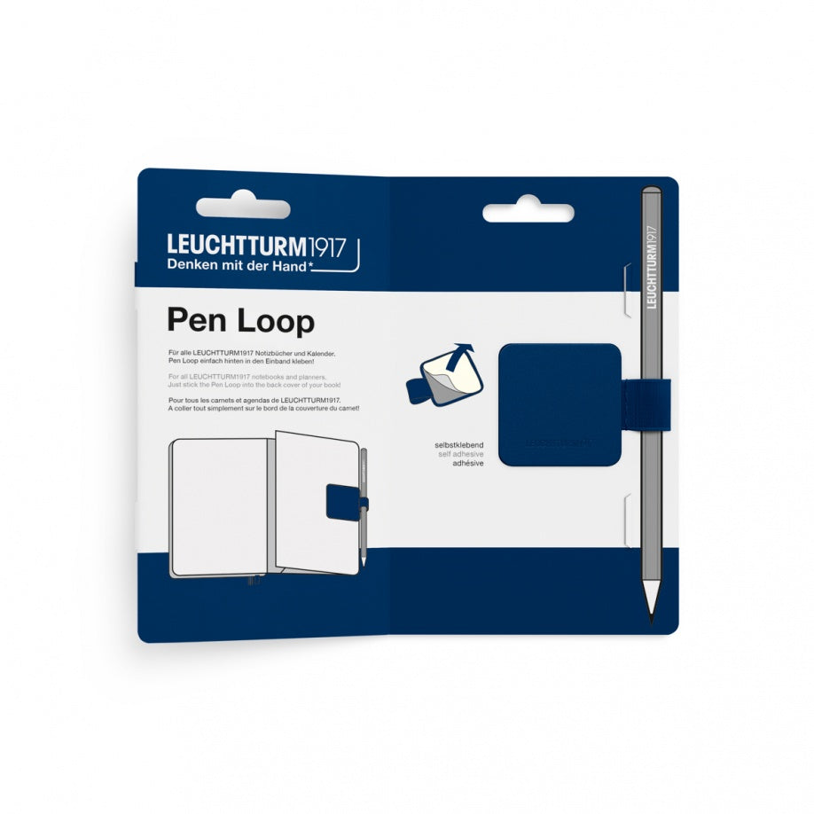 Leuchtturm1917 Pen Loop notebook holder in navy blue and white packaging