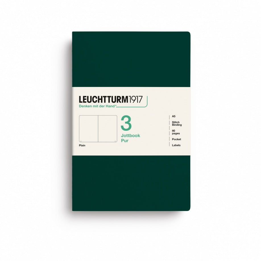 Jottbook pur (A5), 80 numbered pages, plain, Forest Green, pack of 3