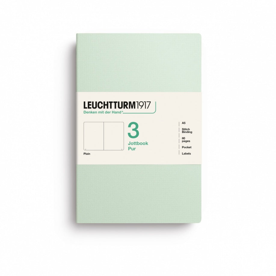 Jottbook pur (A5), 80 numbered pages, plain, Mint Green, pack of 3