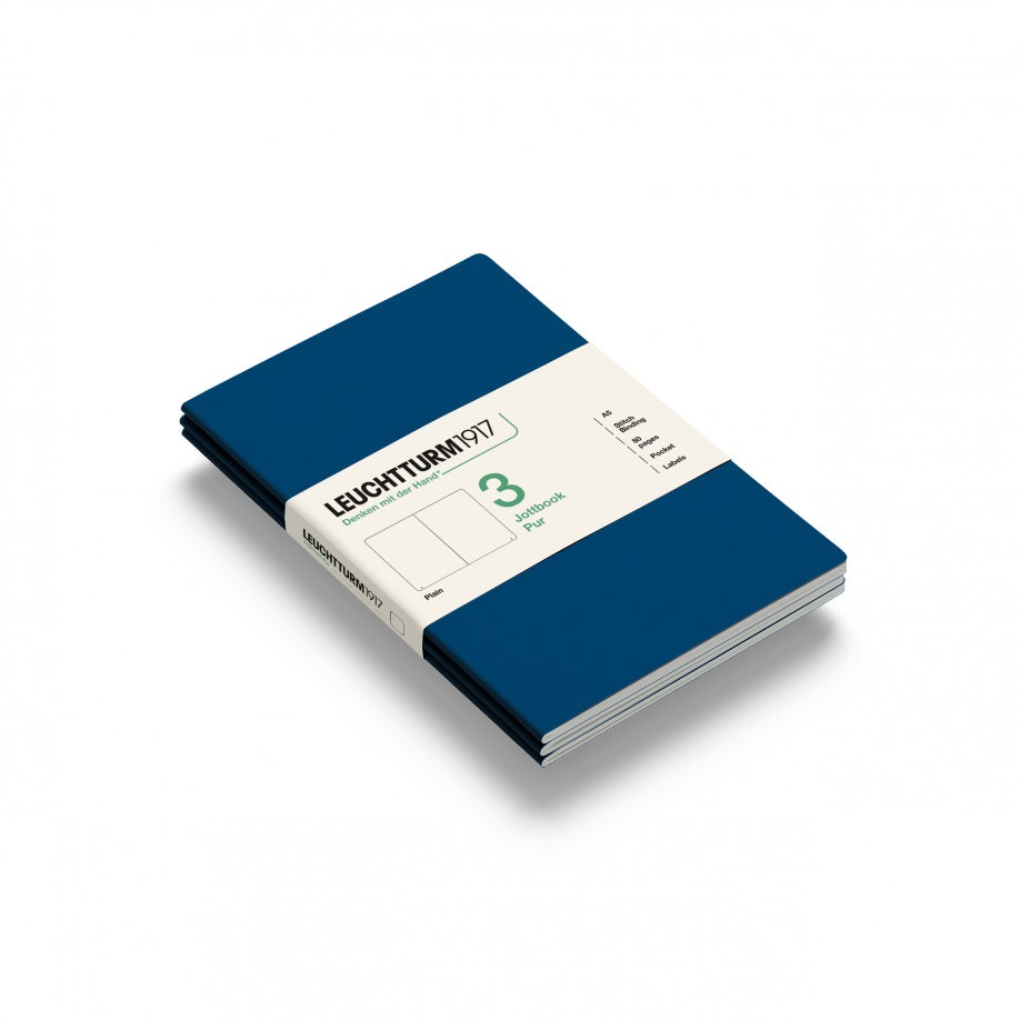 Jottbook pur (A5), 80 numbered pages, plain, Indigo, pack of 3