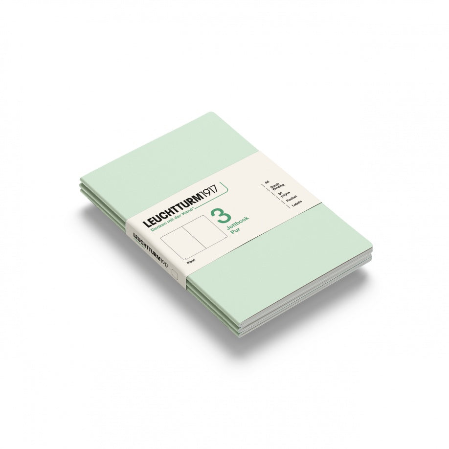 Jottbook pur (A5), 80 numbered pages, plain, Mint Green, pack of 3
