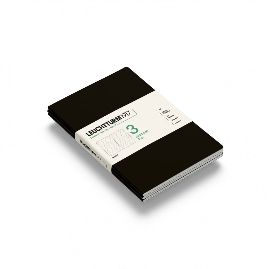Jottbook pur (A5), 80 numbered pages, dotted, Black, pack of 3