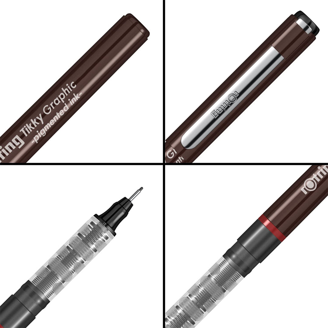 Four views of a Rotring Tikky Graphic Pigment Liner with visible branding on a white background