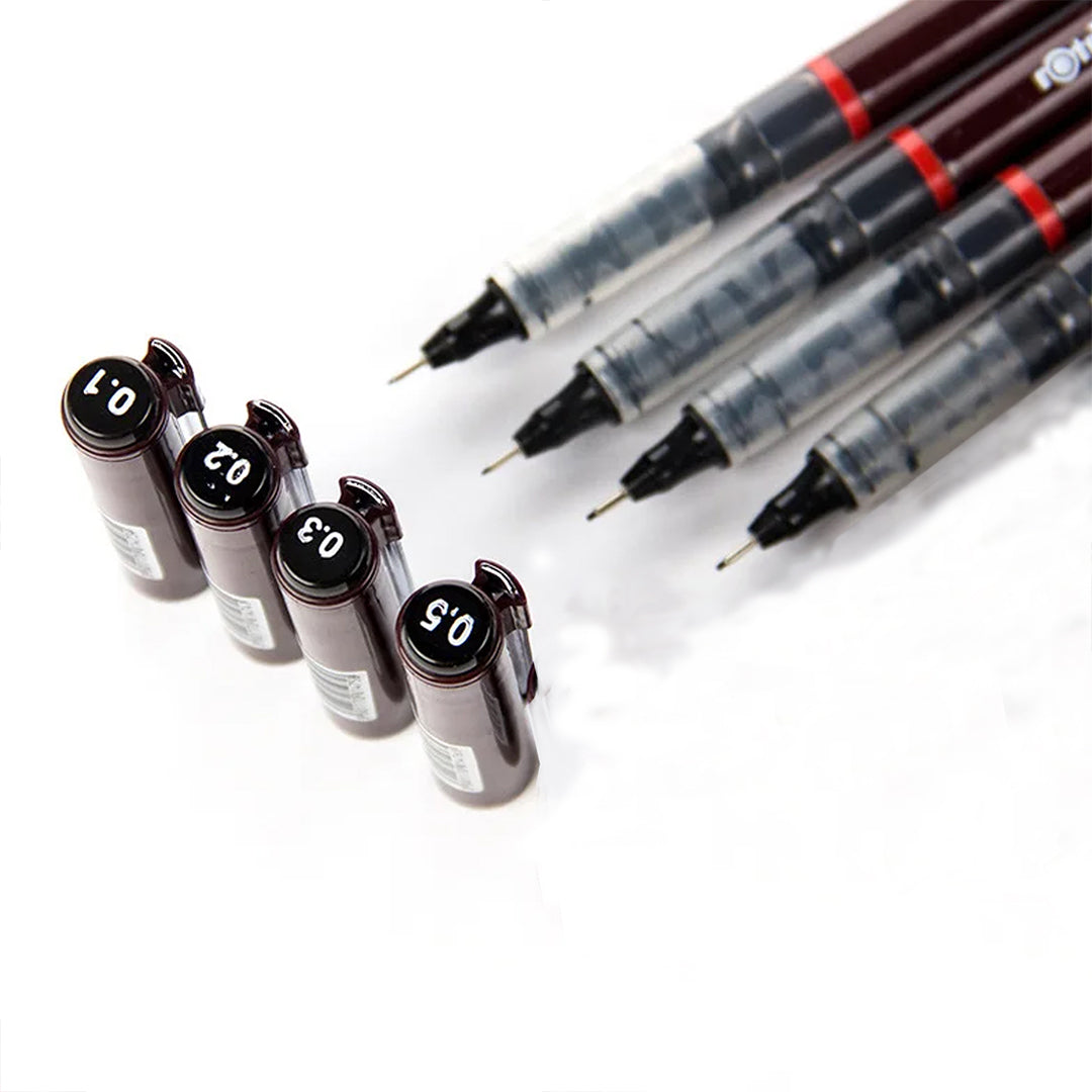 Rotring Tikky Graphic Pigment Liner – 0.1, 0.2, 0.3, & 0.5mm (Set of 4) with leads on a white background