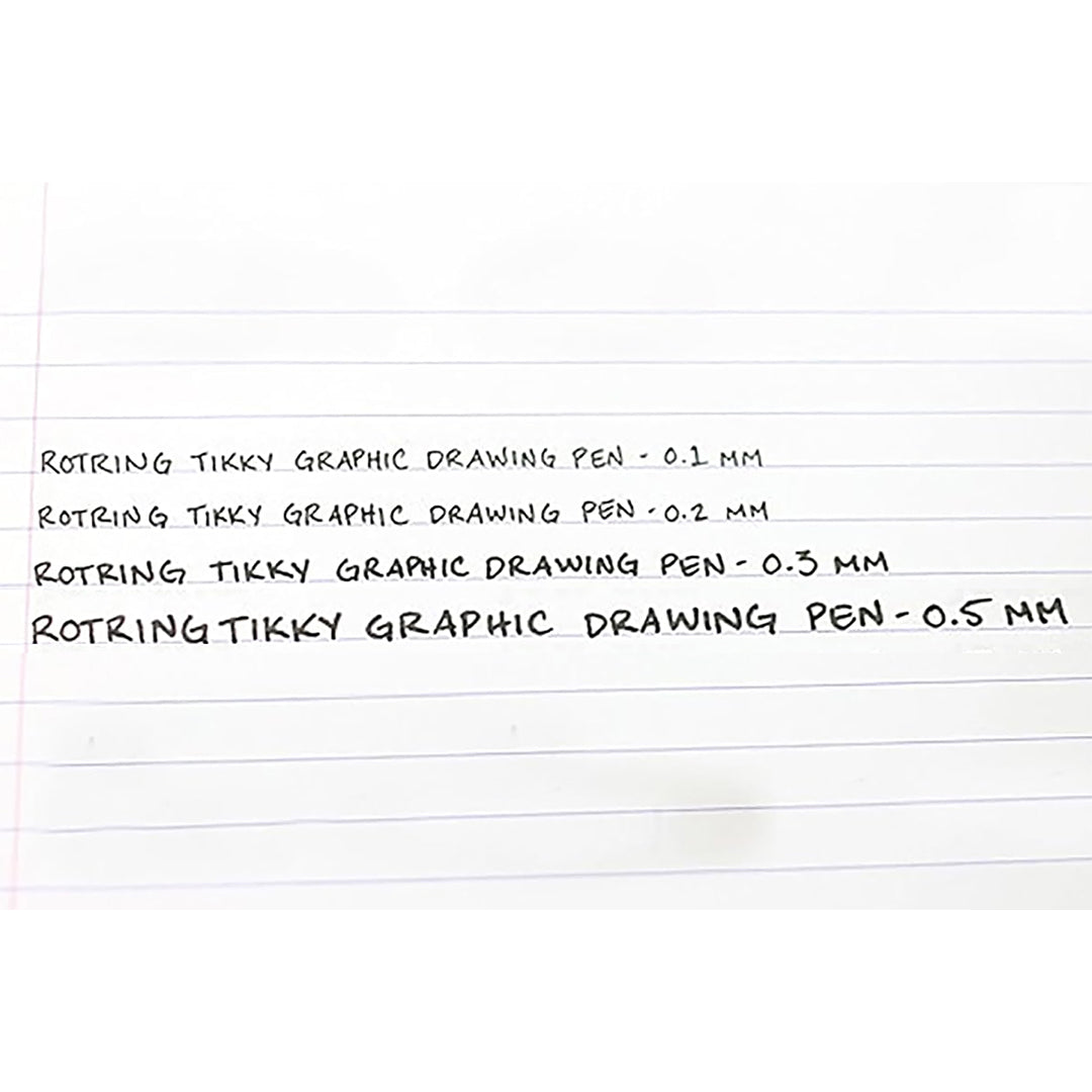 Text on lined paper describing Rotring Tikky Graphic fineliner with different nib sizes.