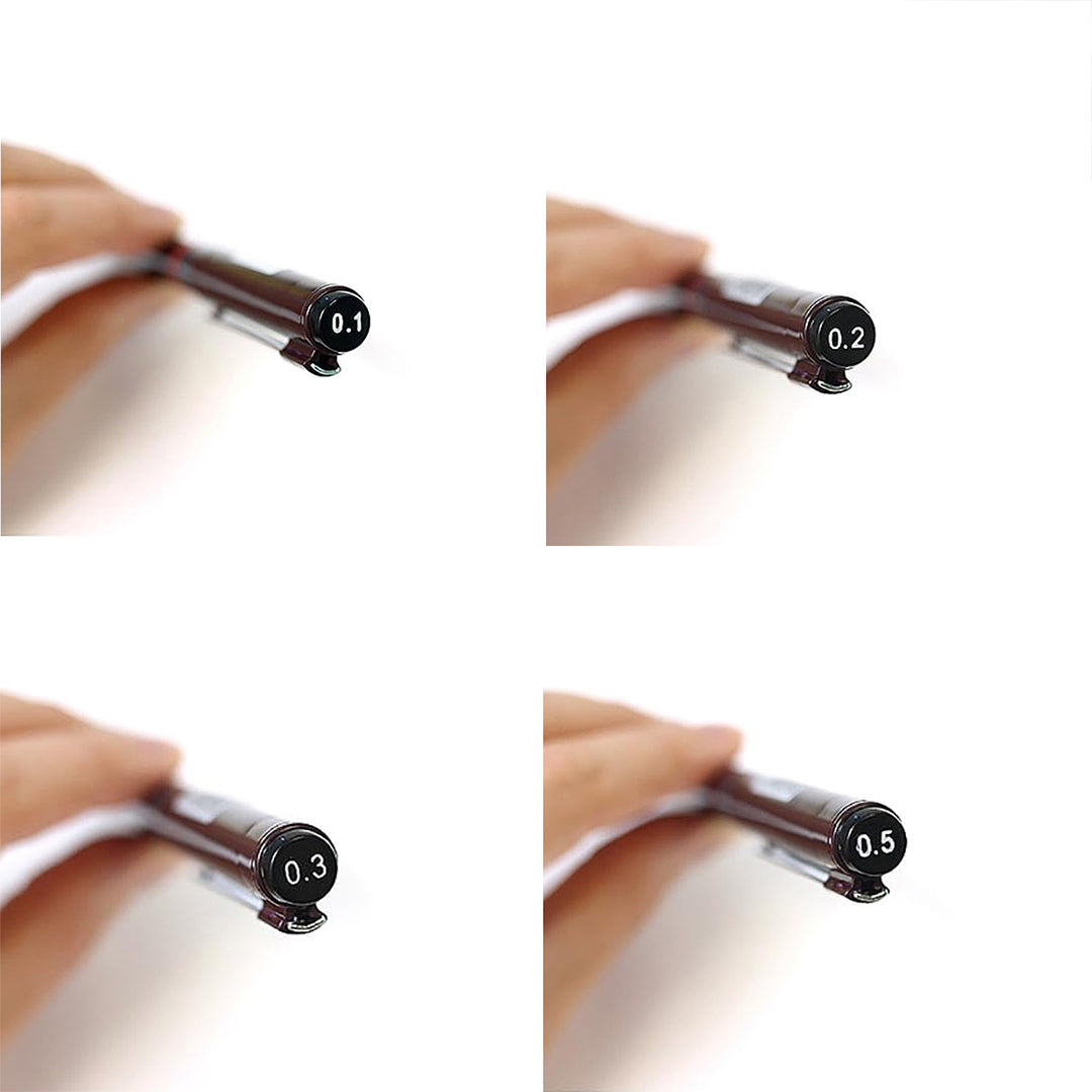 Three close-up images of a Rotring Tikky Graphic Pigment Liner – 0.1, 0.2, 0.3, & 0.5mm