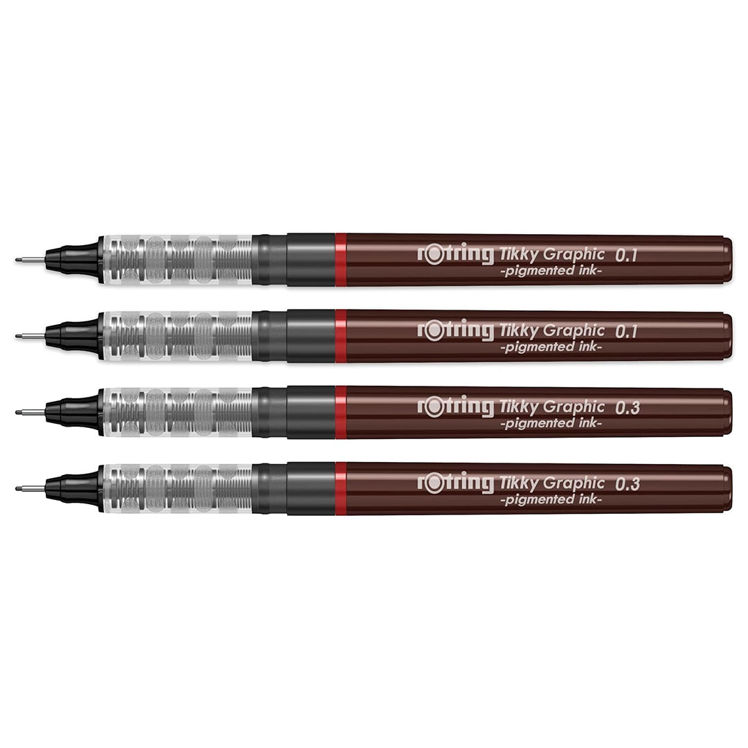 Rotring Tikky Graphic Pigment Liner – 0.1mm & 0.3mm (Set of 4) with different nib sizes on a white background