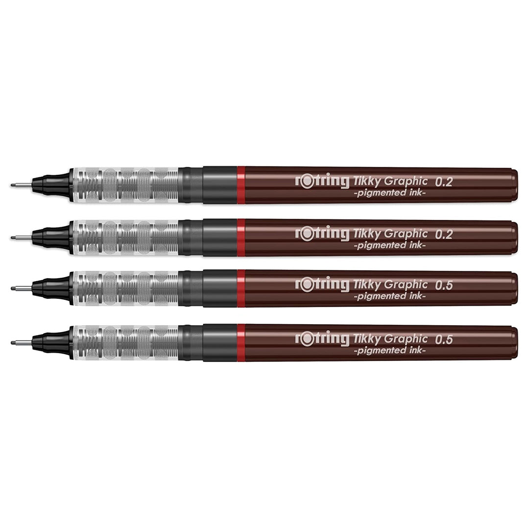Set of four Rotring Tikky Graphic Fineliners with different nib sizes on a white background