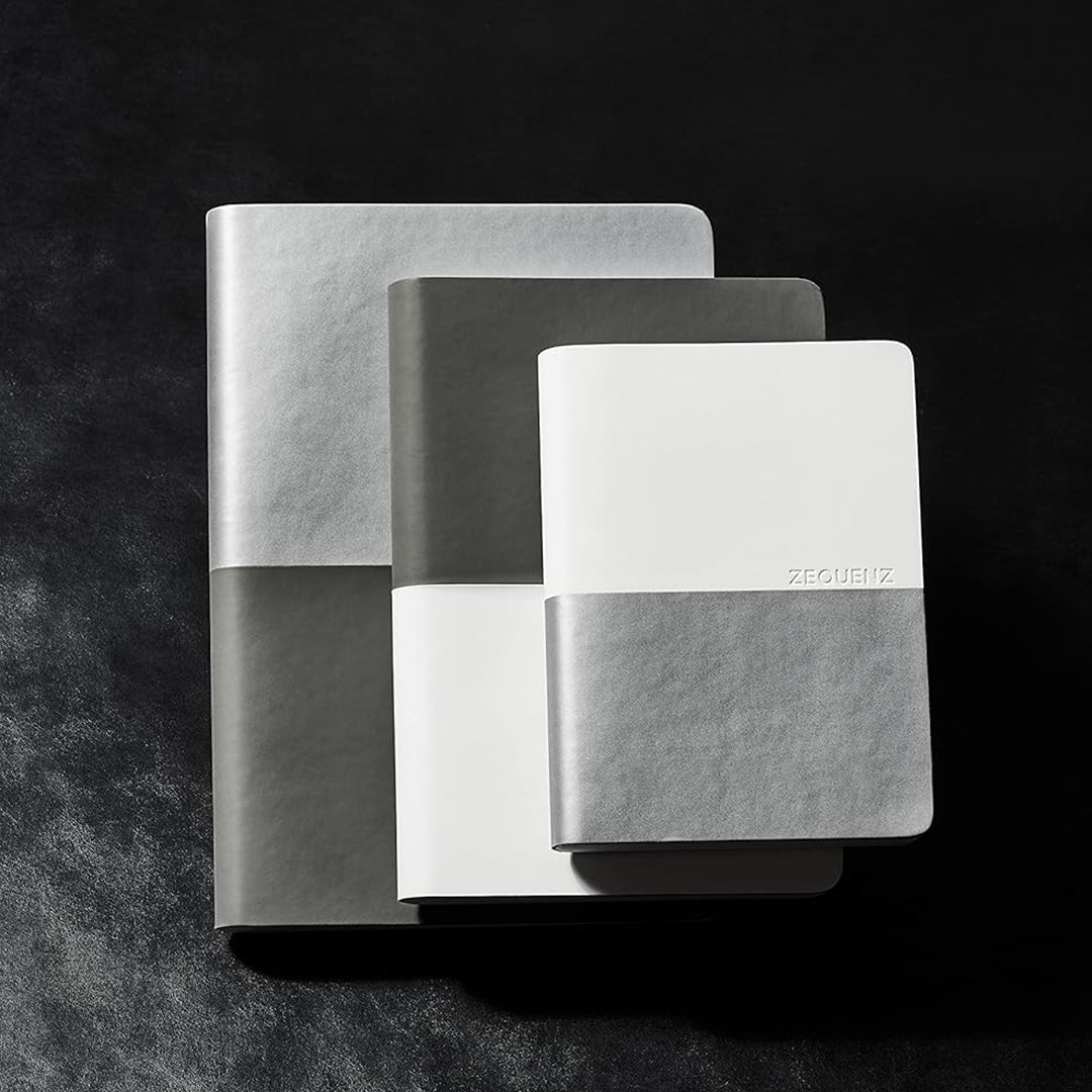 Zequenz A6 Size Black Grey Notebook Squared & Blank Acid Free Paper 200 Pages each Ruling 400 Pages 70GSM 360 Degree Flexibility 100% Handmade PU and White paper Basic Plus Series