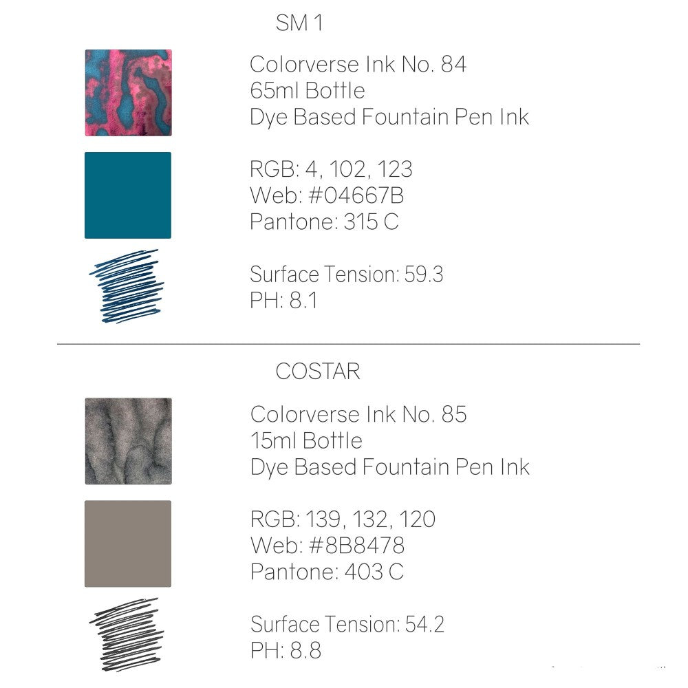 Colorverse | Gray | Fountain Pen Bottled Ink | Season 7 | Eye On The Universe - SM1 (65ml) and COSTAR (15ml) | 2 Bottle Set | Dye-Based Nontoxic