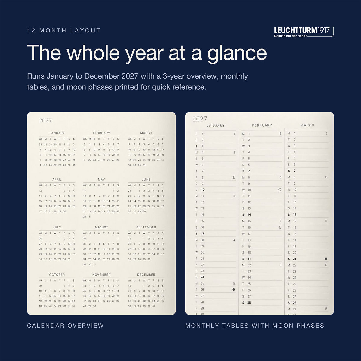 LEUCHTTURM1917 2027 Hardcover Weekly Planner & Notebook Medium (A5) - Navy