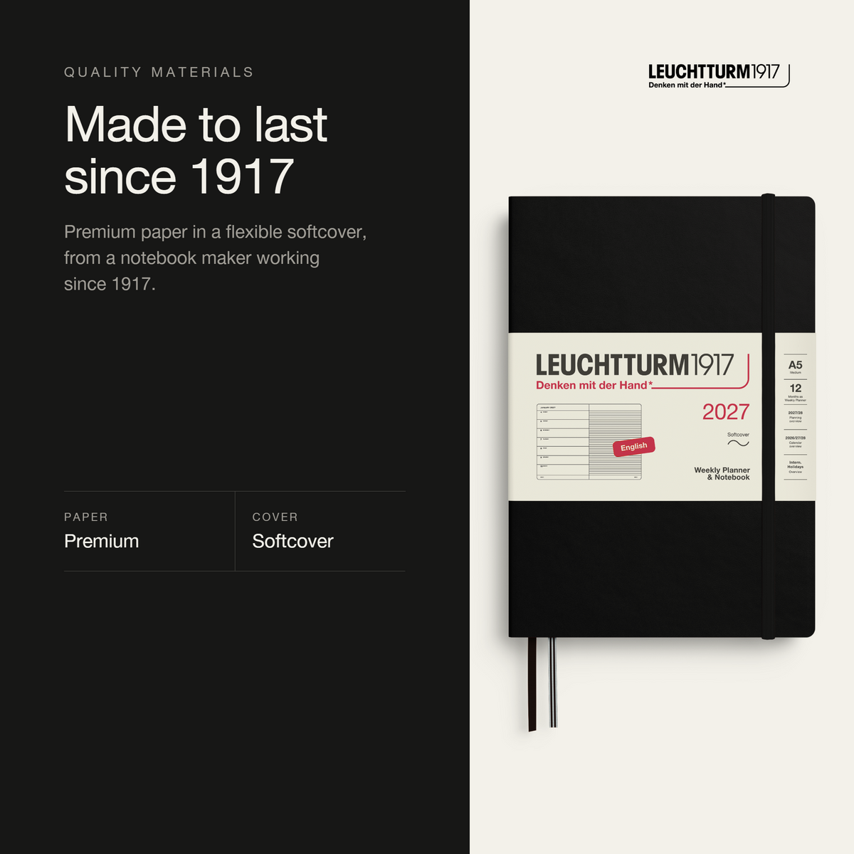 Leuchtturm1917 2027 Weekly Planner & Notebook A5 Softcover - Black
