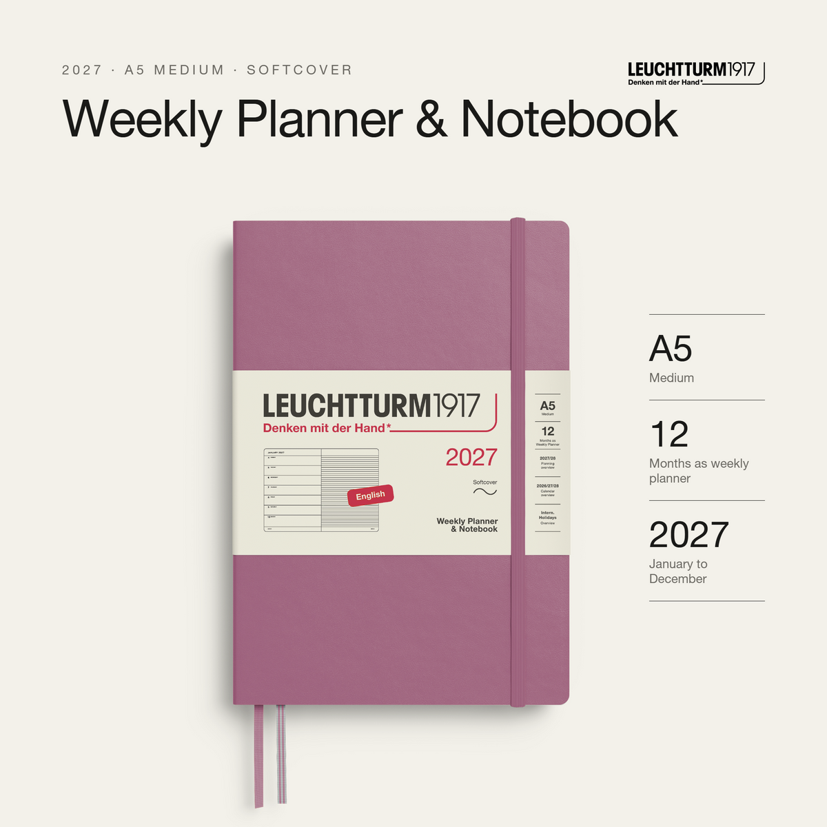 Leuchtturm1917 2027 Weekly Planner & Notebook A5 Softcover - Dusty Rose