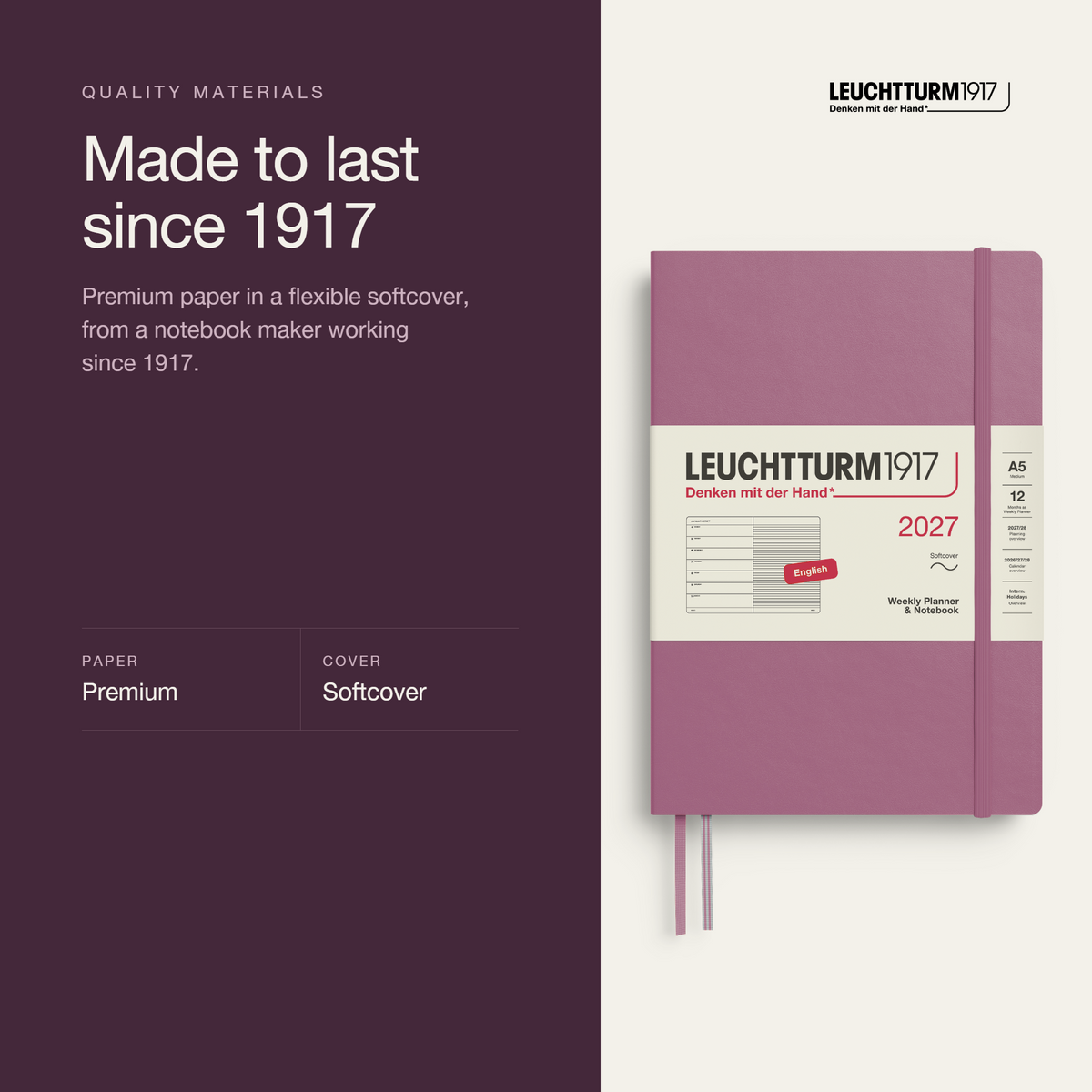 Leuchtturm1917 2027 Weekly Planner & Notebook A5 Softcover - Dusty Rose
