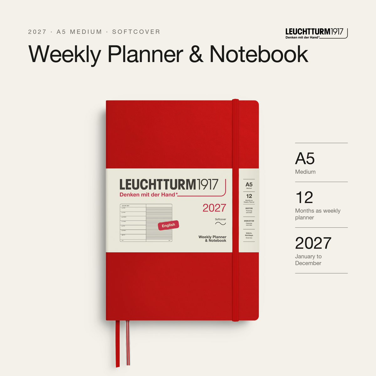 Leuchtturm1917 2027 Weekly Planner & Notebook A5 Softcover - Cherry