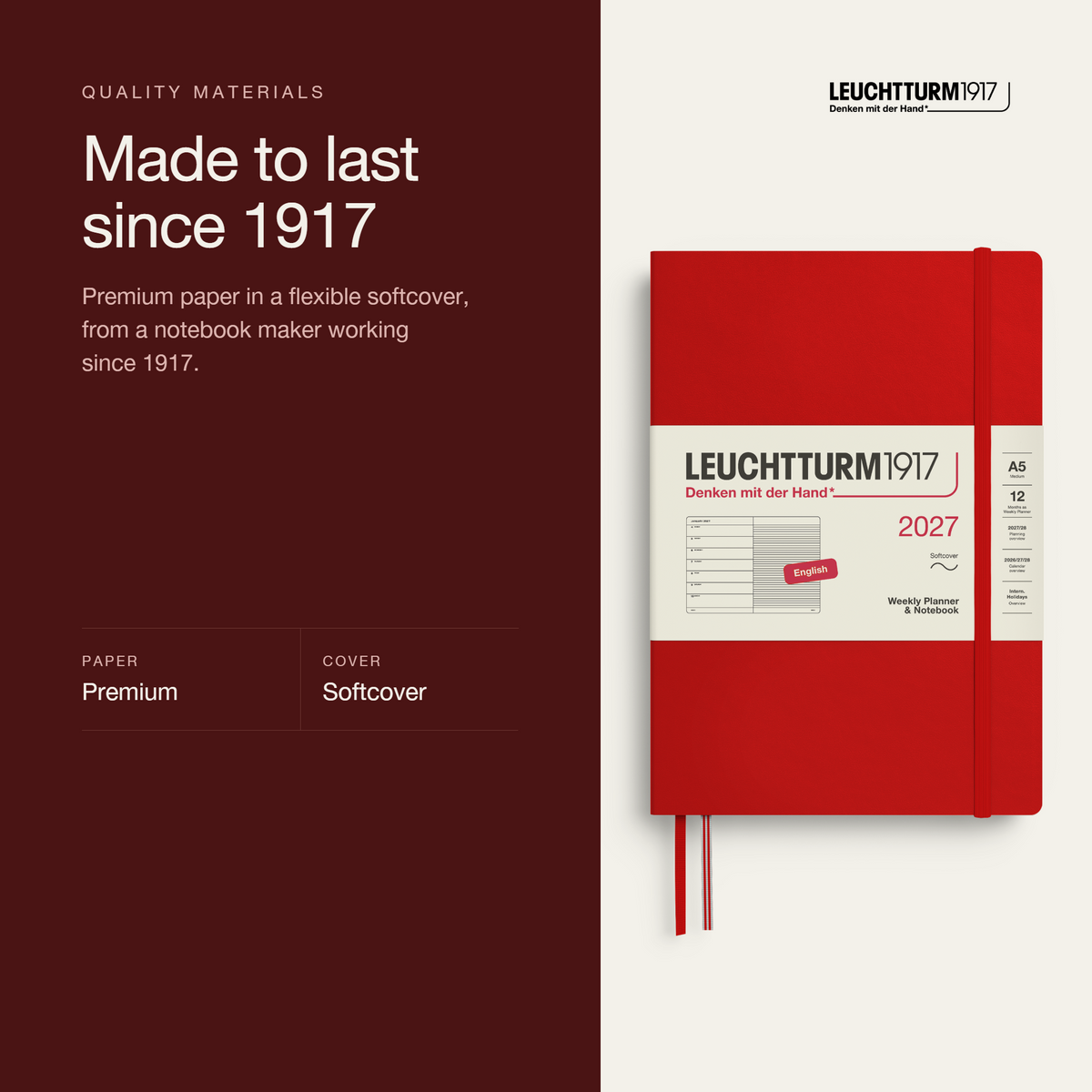 Leuchtturm1917 2027 Weekly Planner & Notebook A5 Softcover - Cherry