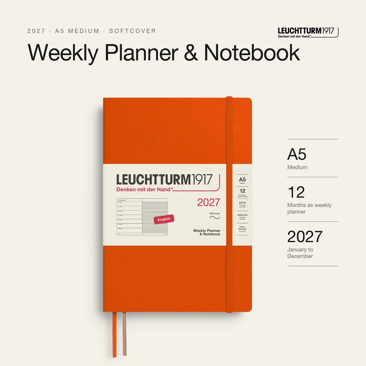 Leuchtturm1917 2027 Weekly Planner & Notebook A5 Softcover - Pumpkin