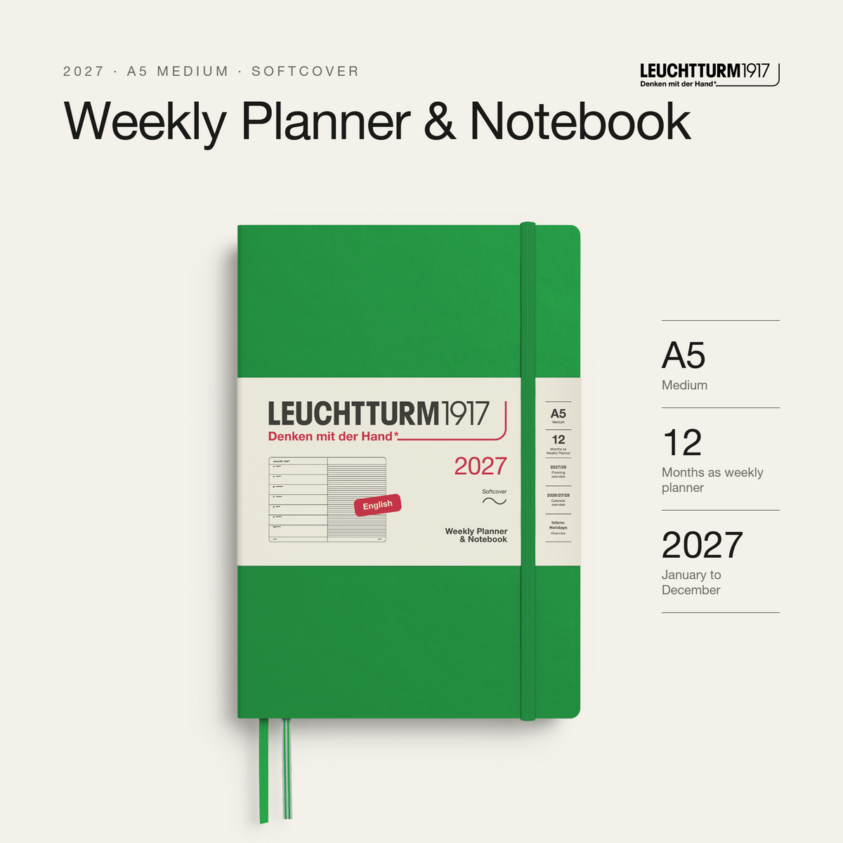LEUCHTTURM1917 2027 Softcover Weekly Planner & Notebook Medium (A5) - Spring Leaf