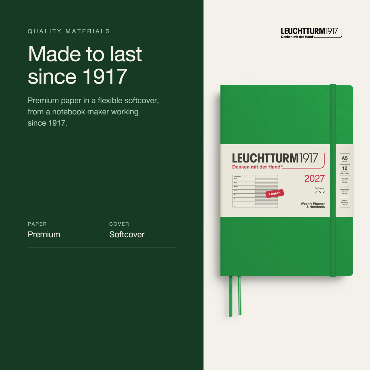 LEUCHTTURM1917 2027 Softcover Weekly Planner & Notebook Medium (A5) - Spring Leaf