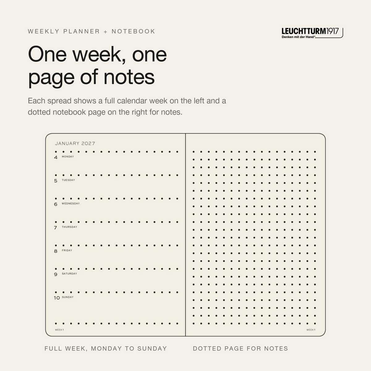 LEUCHTTURM1917 2027 Hardcover Weekly Planner & Notebook Medium (A5), Dotted - Black