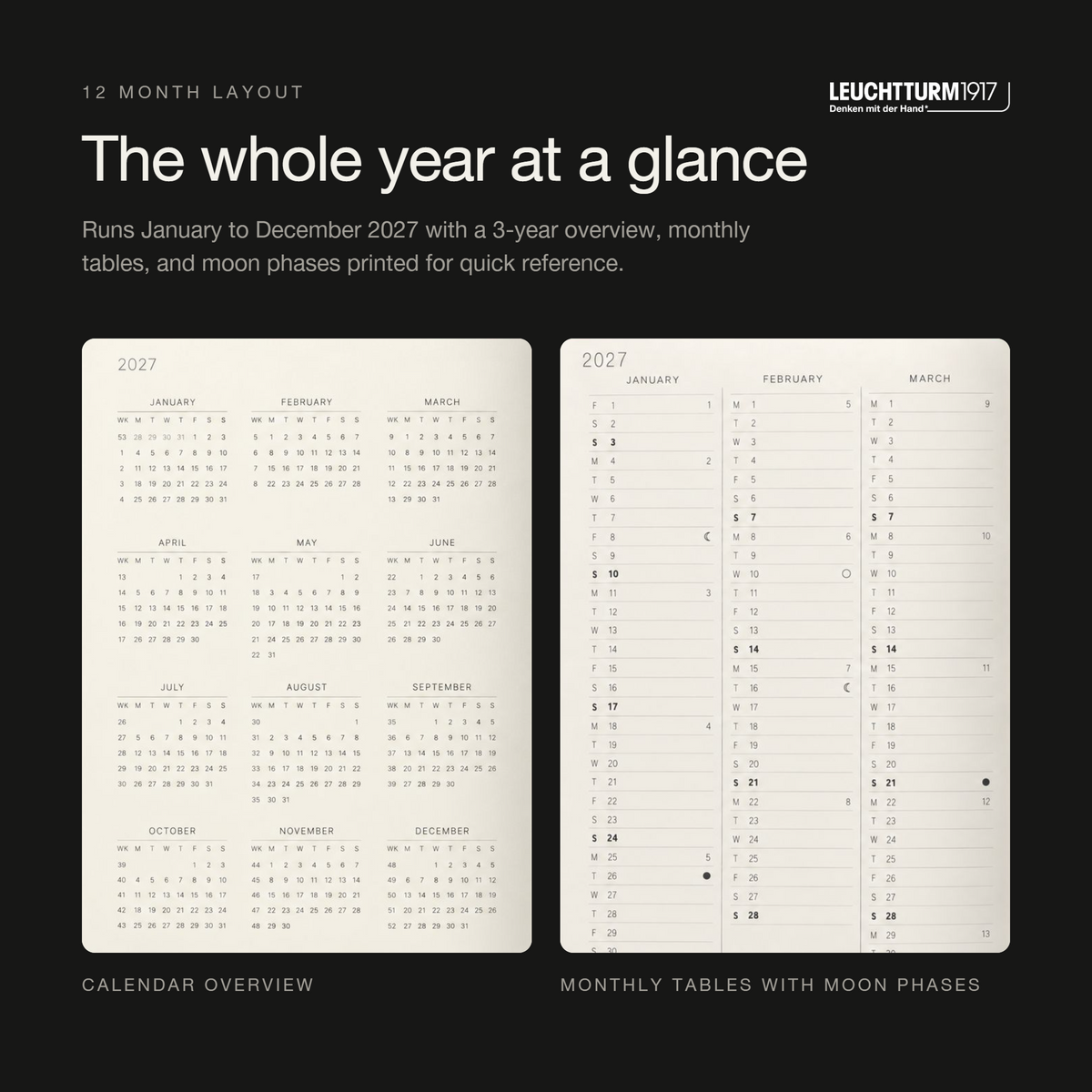 LEUCHTTURM1917 2027 Hardcover Weekly Planner & Notebook Medium (A5), Dotted - Black