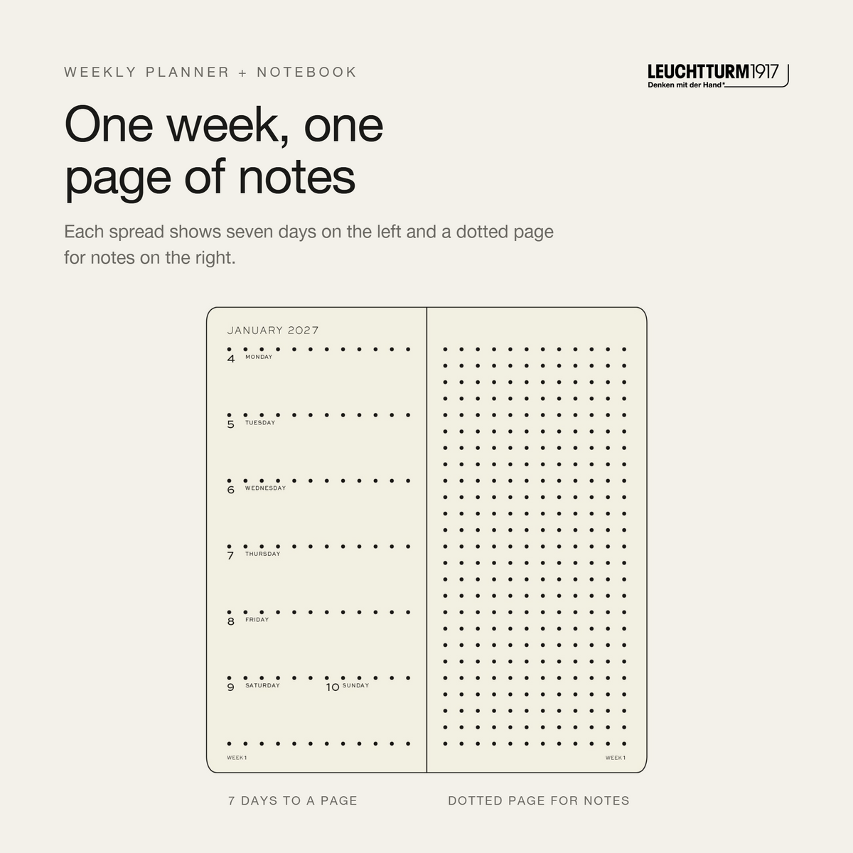 LEUCHTTURM1917 2027 Hardcover Weekly Planner & Notebook Wallet (B6+ x A6), Dotted - Black
