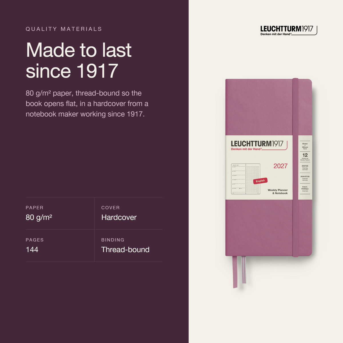 LEUCHTTURM1917 2027 Hardcover Weekly Planner & Notebook Wallet (B6+ x A6), Dotted - Dusty Rose