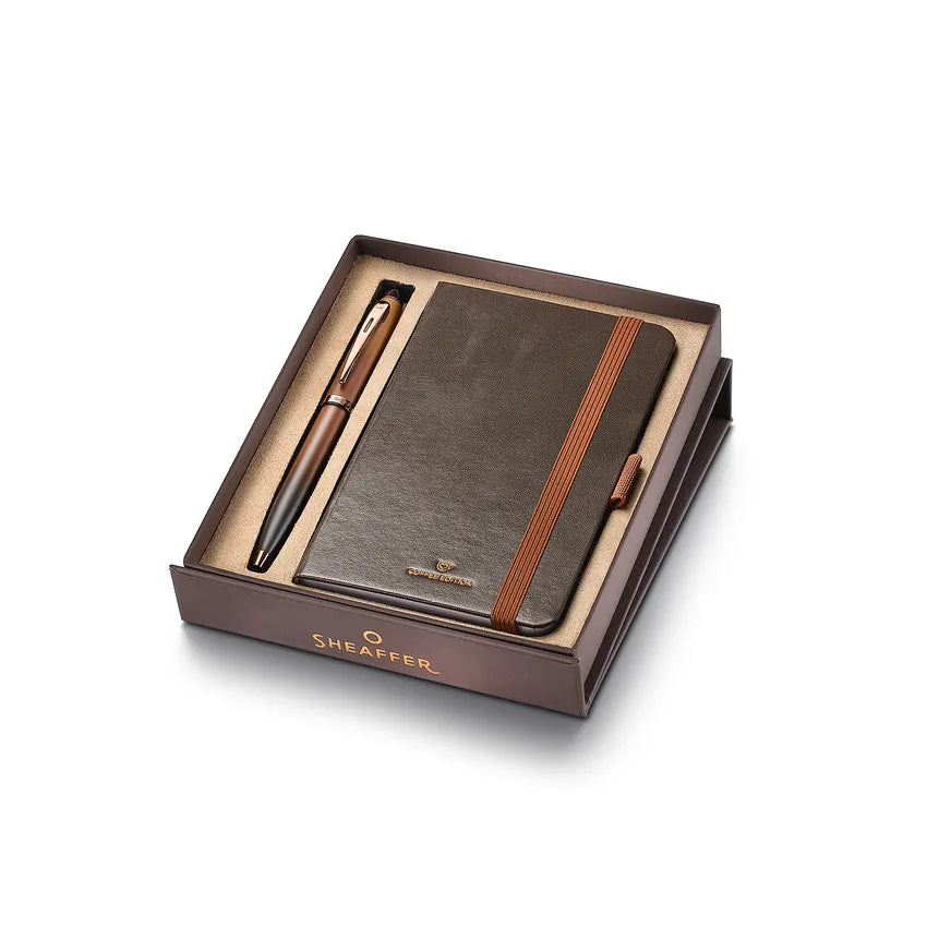 Sheaffer 100 Gift Set 9374 Coffee Edition Ballpoint Pen with Regal Brown PVD Trims and Small Notebook - Matt Brown