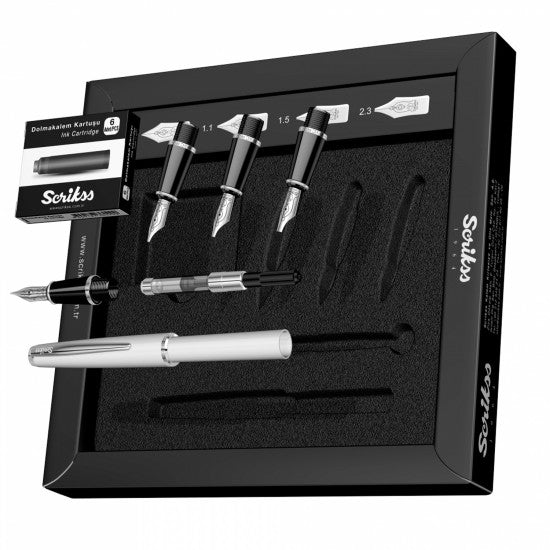 Scrikss | Calligraphy | Pen Set | White Acrylic Carbon Fiber | Medium, 1.1mm, 1.5mm, 2.3mm Nib 