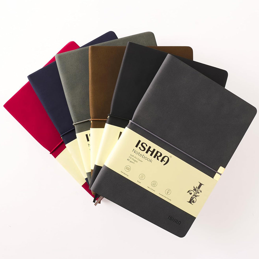 ISHRA A5 Size Ruled Notebook | Ideal Note Book Journal Diary for Work Office Writing Journaling Note Taking Travel | Brown Soft Cover| 172 Pages | 80gsm | Fountain Pen Friendly Paper