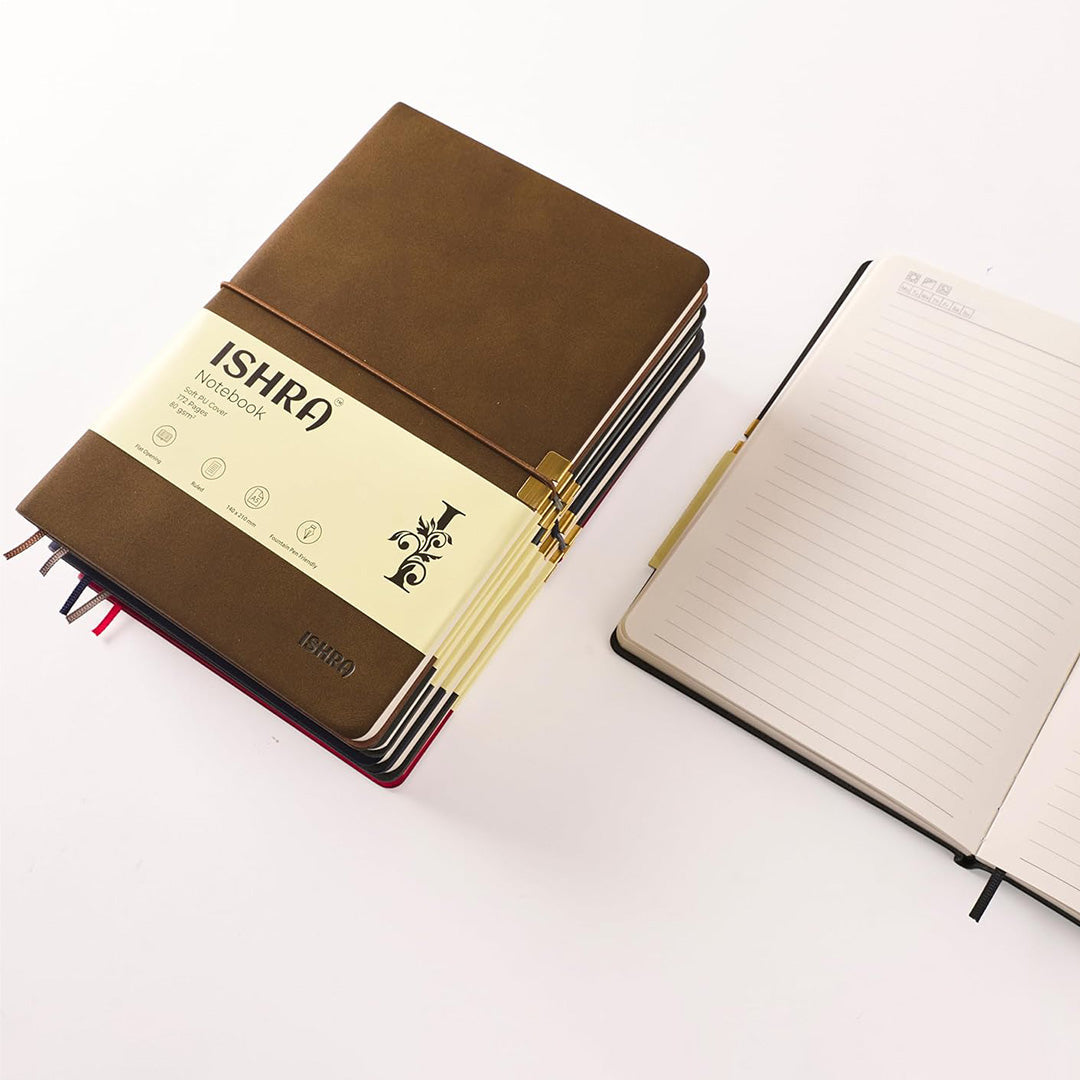 ISHRA A5 Size Ruled Notebook | Ideal Note Book Journal Diary for Work Office Writing Journaling Note Taking Travel | Black Soft Cover| 172 Pages | 80gsm | Fountain Pen Friendly Paper
