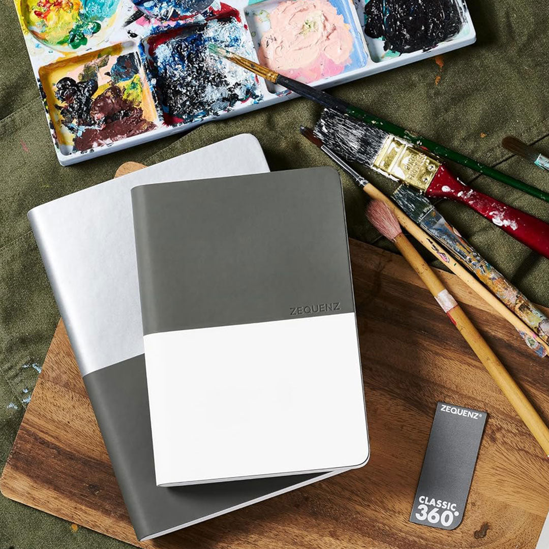 Zequenz A6 Size White Silver Notebook Squared & Blank Acid Free Paper 200 Pages each Ruling 400 Pages 70GSM 360 Degree Flexibility 100% Handmade PU and White paper Basic Plus Series