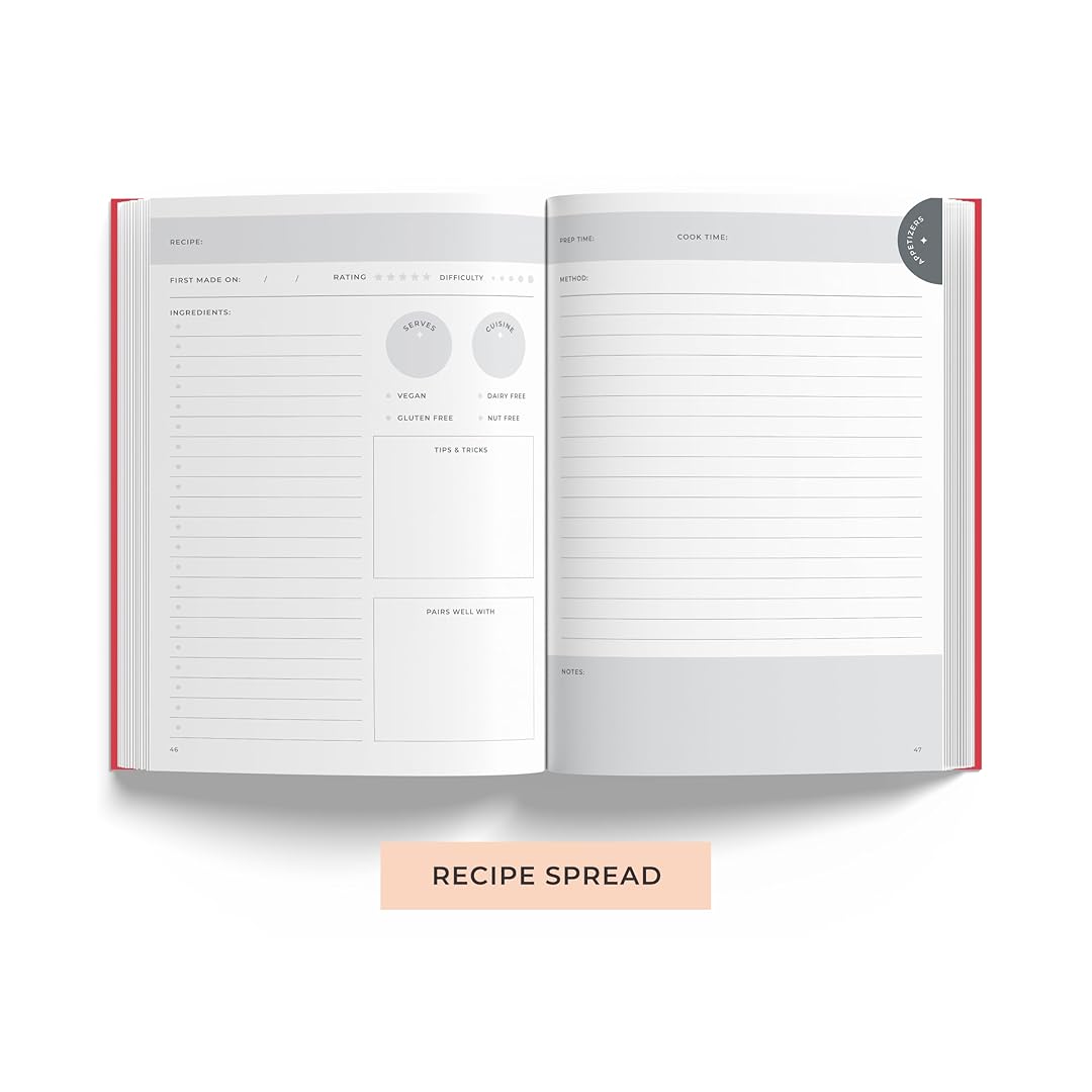 7mm Recipe Journal | Cheese and Wine | A5 Size | 4 Sticker sheets | Hardbound and Laminated | Red