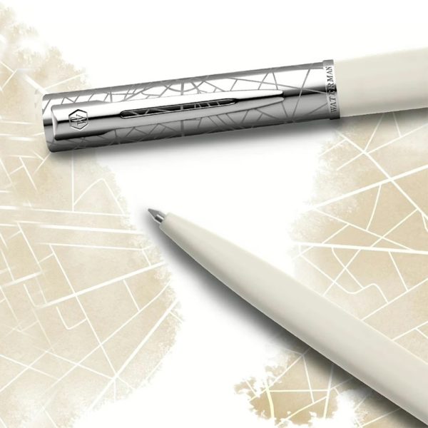 Waterman Allure Deluxe White Chrome Trim Ball Pen with Waterman Notebook Gift Set