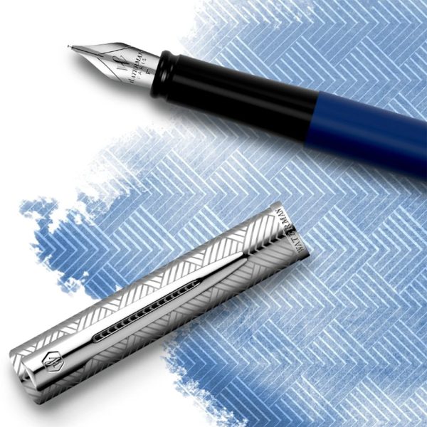 Waterman Allure Deluxe Blue Chrome Trim Fountain Pen with Waterman Notebook Gift Set