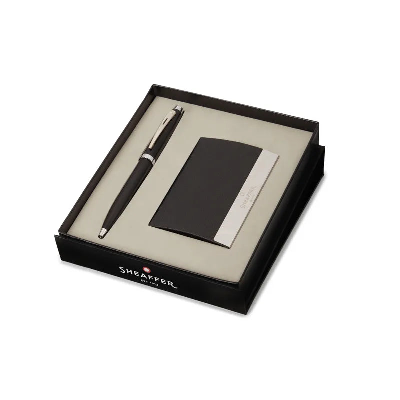 Sheaffer 9317 Gift Set 100 Matte Black with Chrome Trims Ballpoint Pen with Business Card Holder