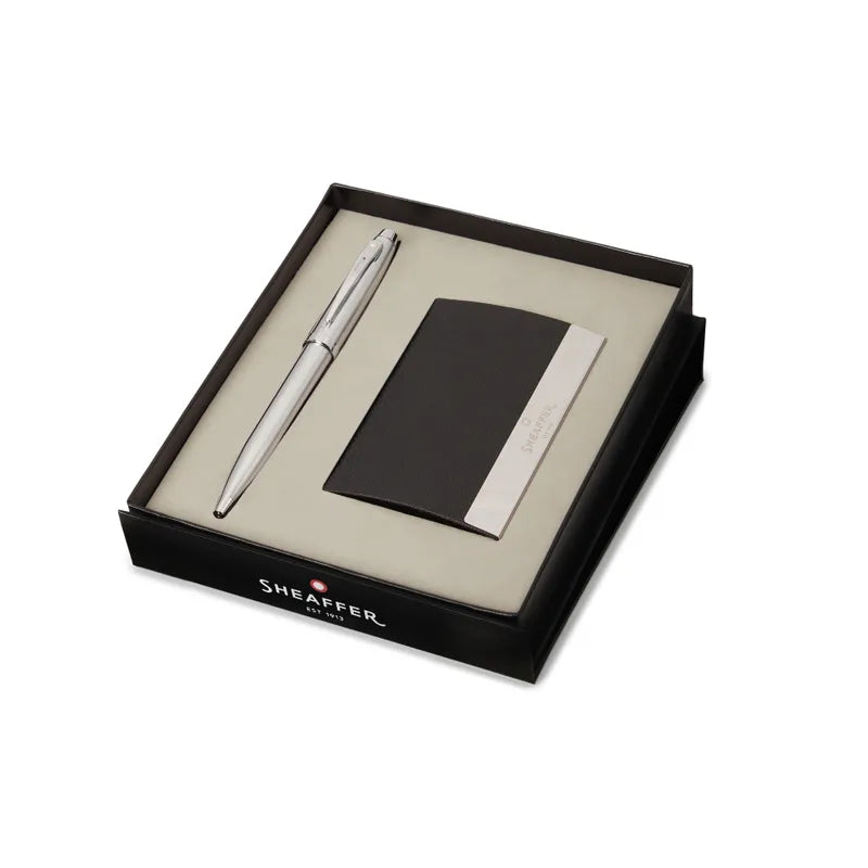 Sheaffer 9306 Gift Set 100 Brushed Chrome with Chrome Trims Ballpoint Pen with Business Card Holder | GIFT SET