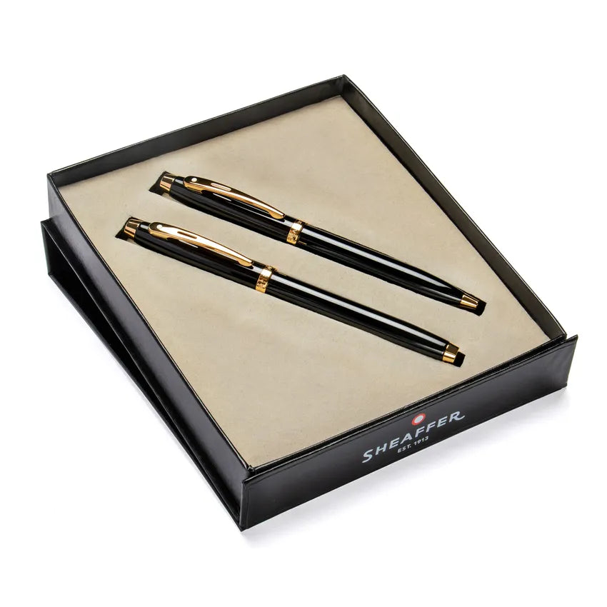Sheaffer Gift Set 100 9322 Ballpoint Pen and Rollerball Pen Glossy Black with Gold Trims - Set of 2 Pens