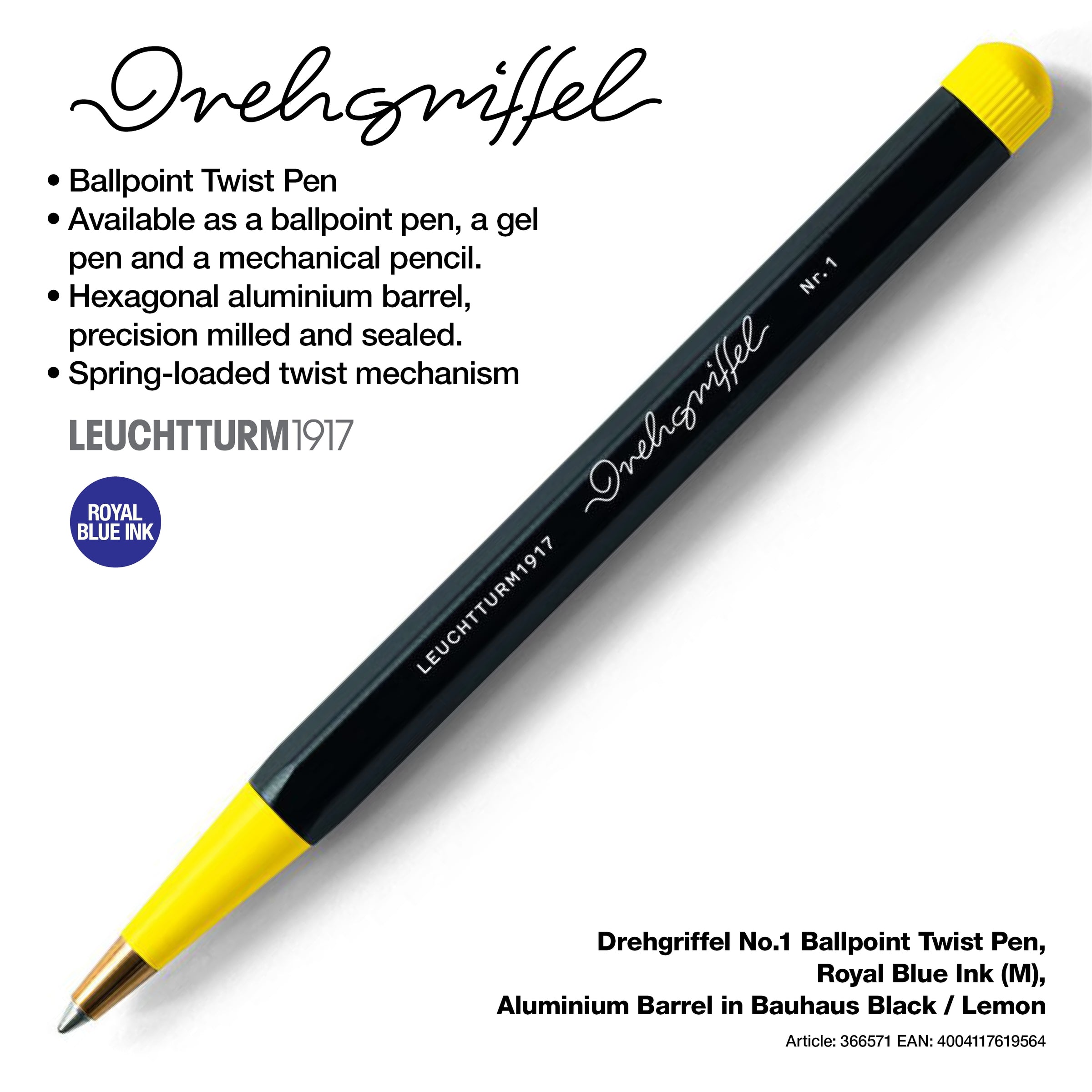 LEUCHTTURM1917 Ball Point Pen with Royal Blue Ink | Bauhaus Edition | Drehgriffel No. 1 | Black/Lemon | Twist Mechanism