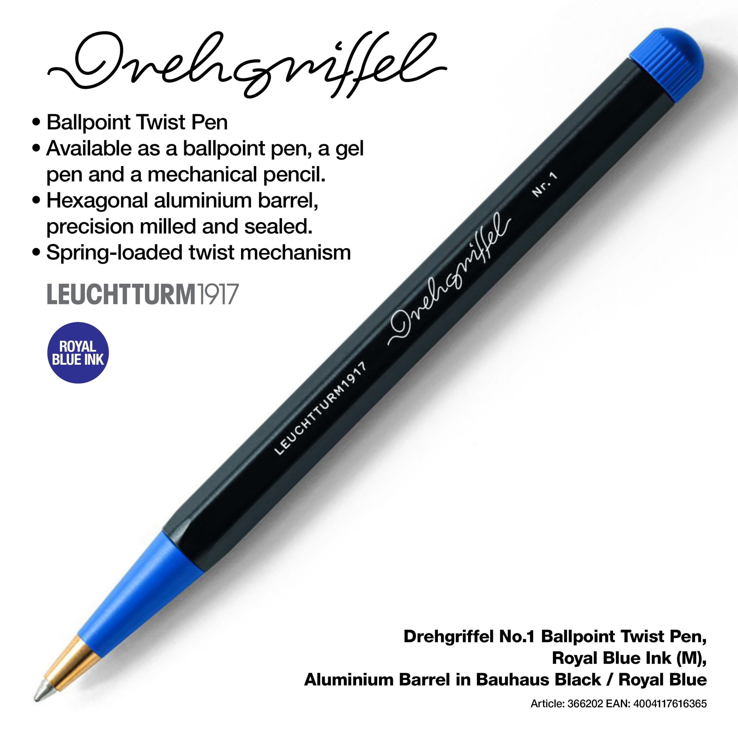 LEUCHTTURM1917 Ball Point Pen with Royal Blue Ink | Bauhaus Edition | Drehgriffel No. 1 | Black/Royal Blue | Twist Mechanism