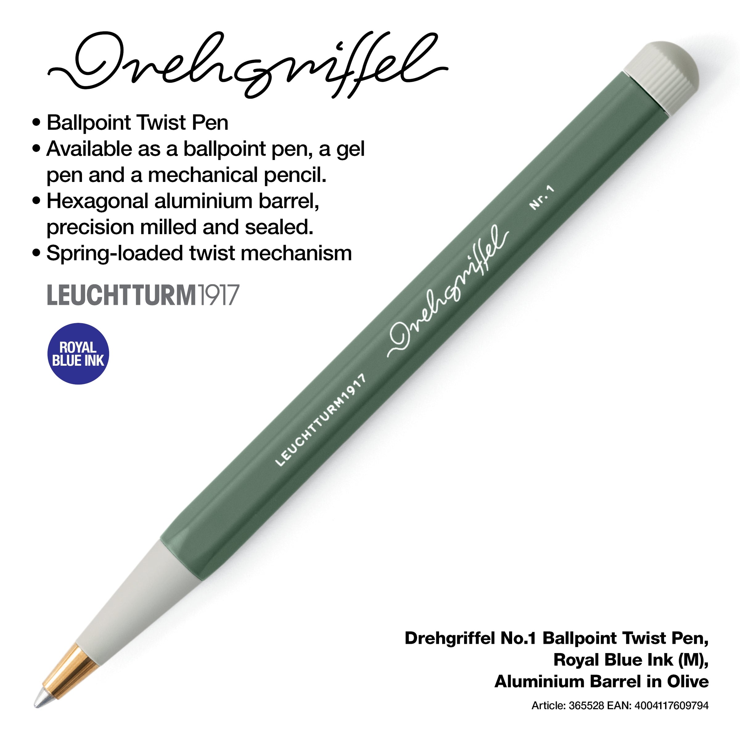 LEUCHTTURM1917 Ball Point Pen with Royal Blue Ink | Drehgriffel No. 1 | Olive Green | Twist Mechanism