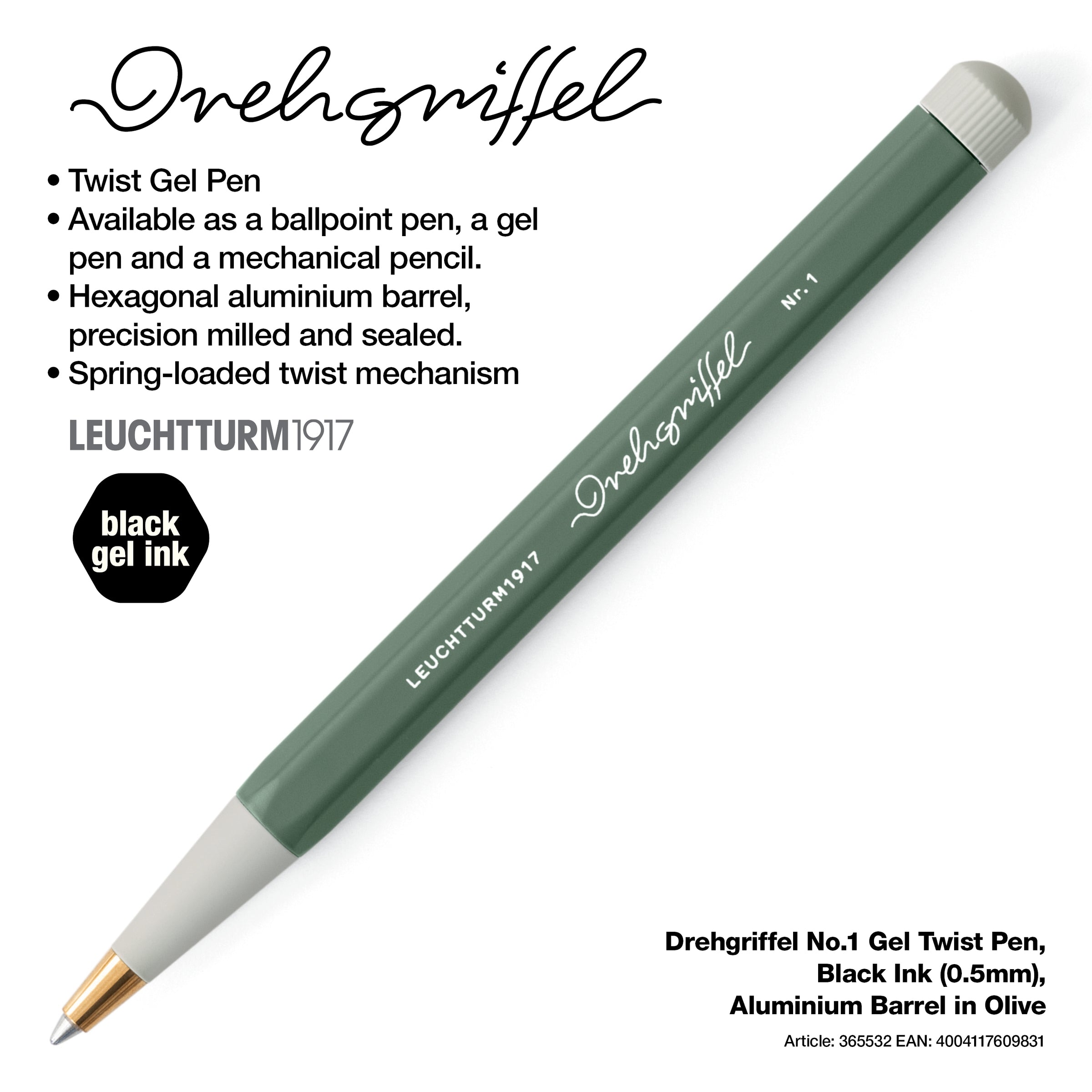 LEUCHTTURM1917 Gel Pen with Document Proof Black Ink | Drehgriffel No. 1 | Olive Green| Twist Mechanism