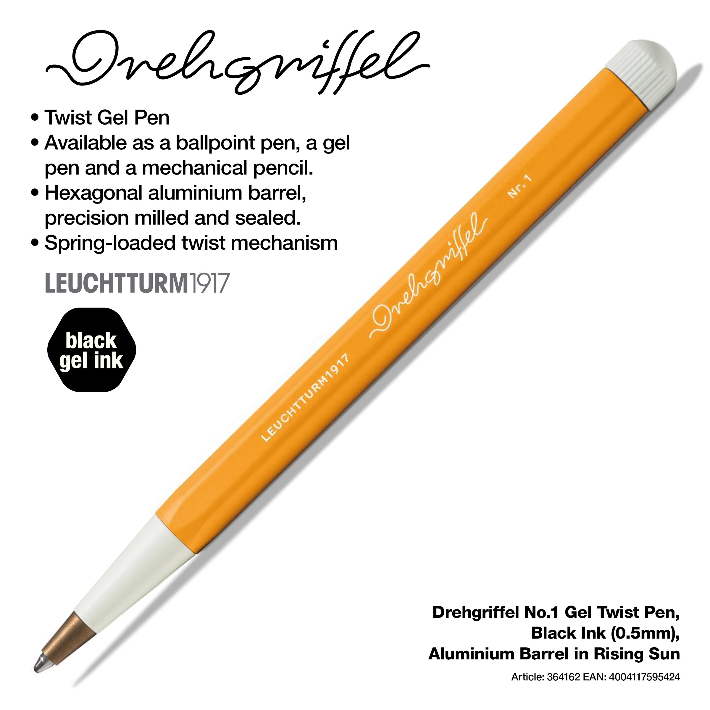 LEUCHTTURM1917 Gel Pen with Document Proof Black Ink | Drehgriffel No. 1 | Rising Sun Orange| Twist Mechanism