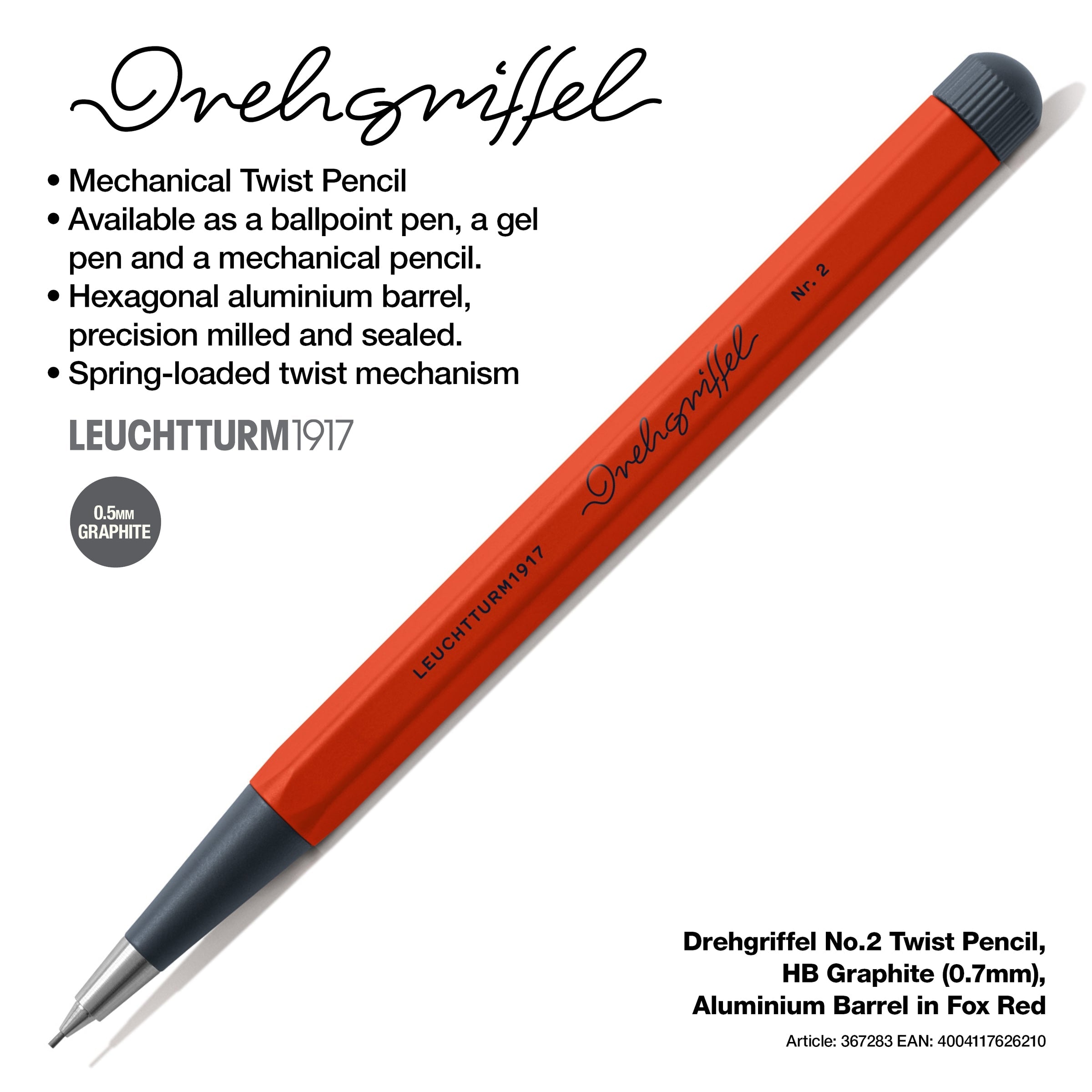 LEUCHTTURM1917 0.7mm Mechanical Clutch Pencil | Graphite HB Lead | Drehgriffel No. 2 |Fox Red | Twist Mechanism
