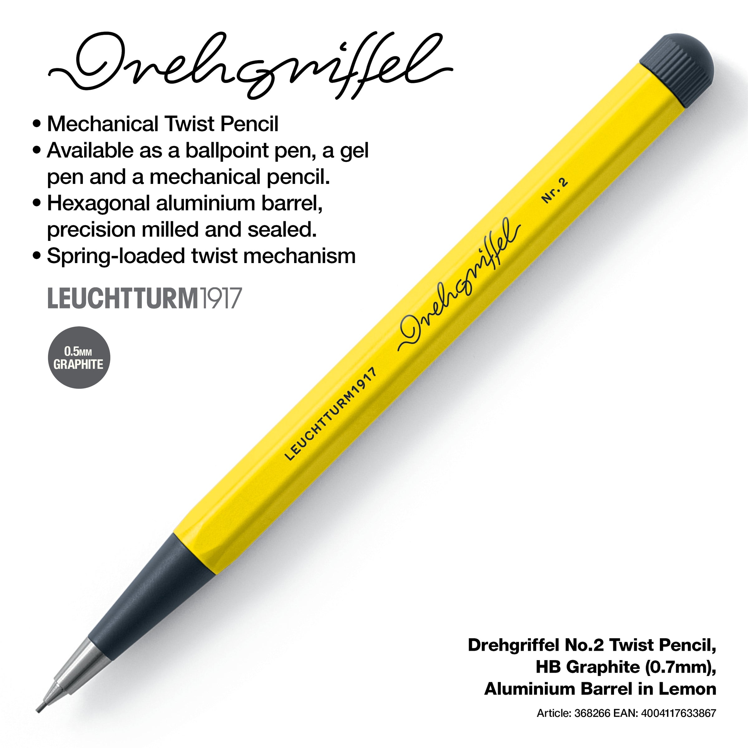LEUCHTTURM1917 0.7mm Mechanical Clutch Pencil | Graphite HB Lead | Drehgriffel No. 2 | Lemon Yellow | Twist Mechanism