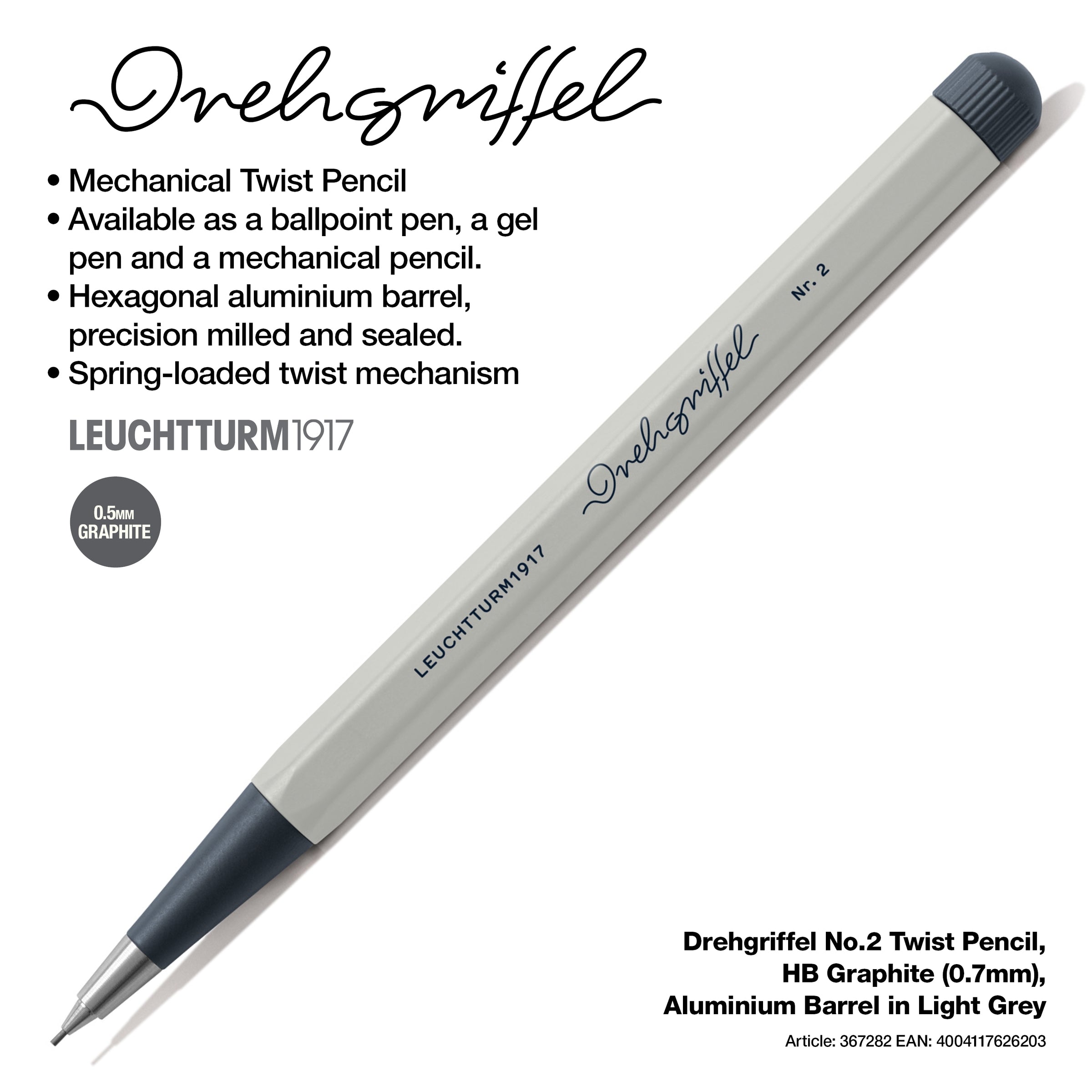 LEUCHTTURM1917 0.7mm Mechanical Clutch Pencil | Graphite HB Lead | Drehgriffel No. 2 | Light Grey | Twist Mechanism