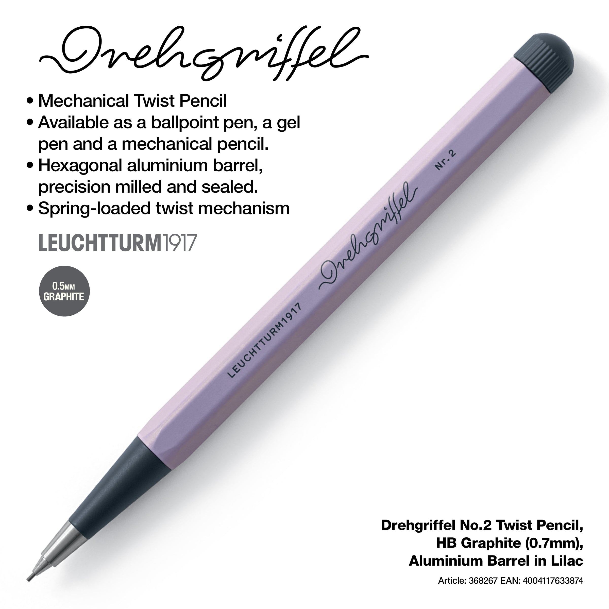 LEUCHTTURM1917 0.7mm Mechanical Clutch Pencil | Graphite HB Lead | Drehgriffel No. 2 | Lilac | Twist Mechanism