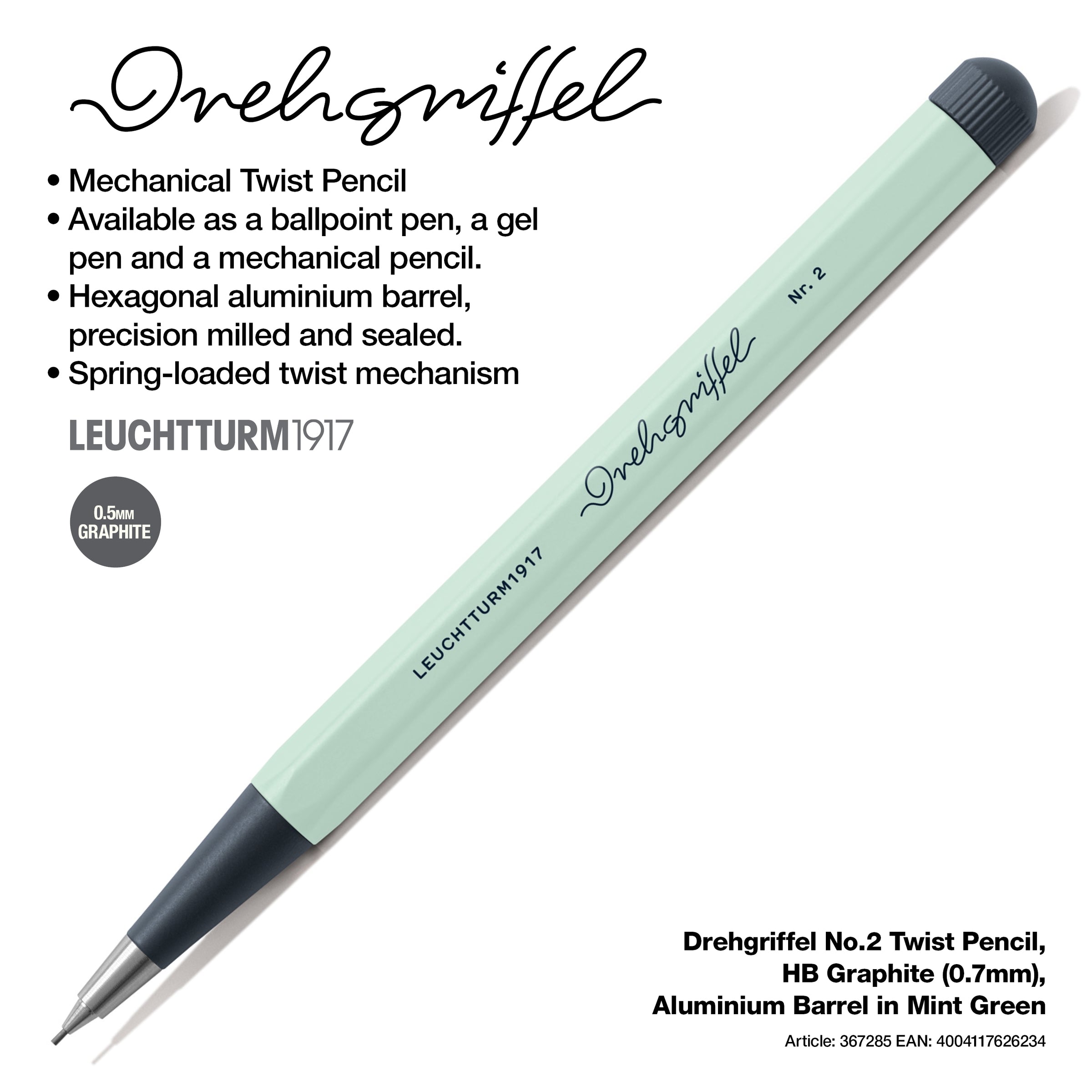 LEUCHTTURM1917 0.7mm Mechanical Clutch Pencil | Graphite HB Lead | Drehgriffel No. 2 | Mint Green | Twist Mechanism