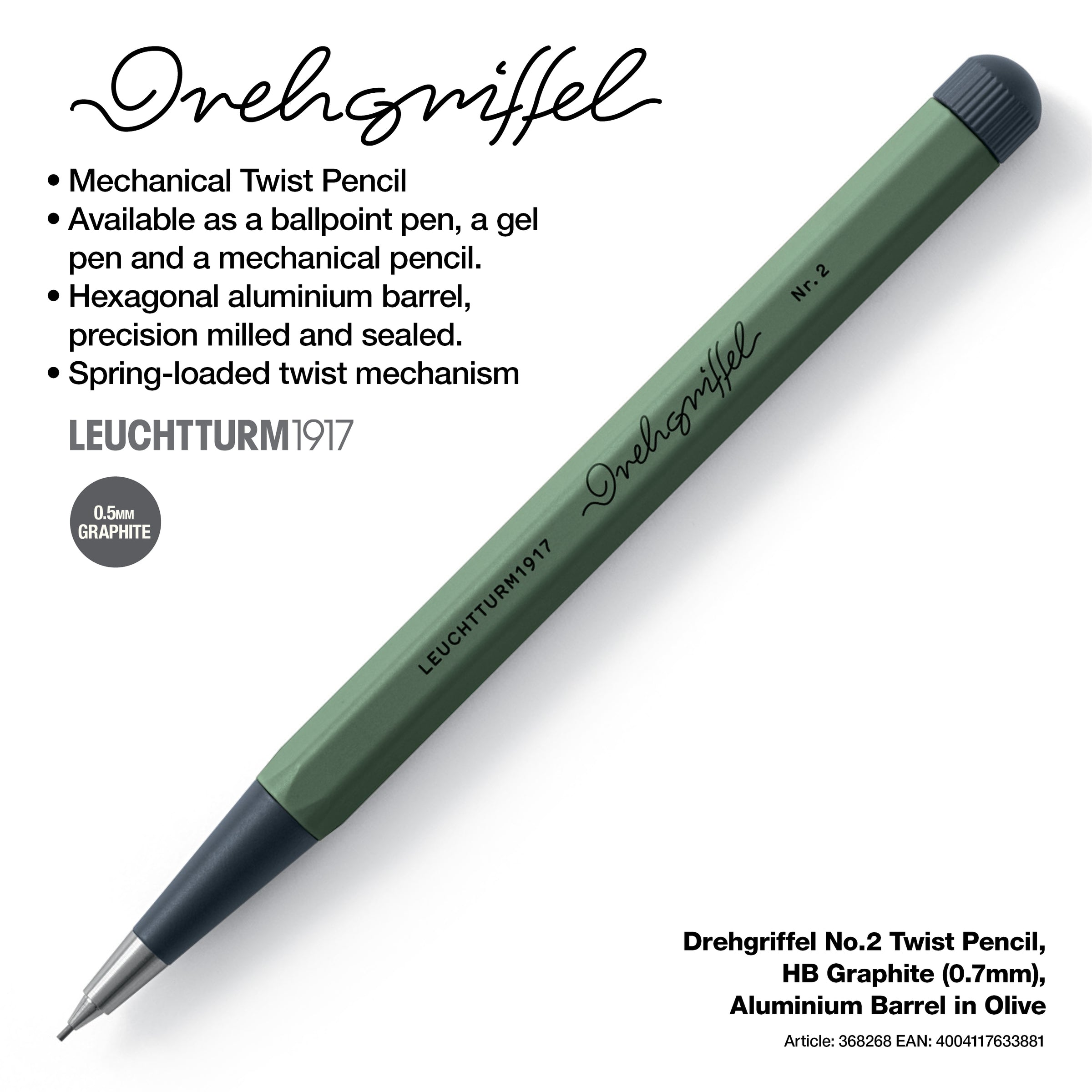 LEUCHTTURM1917 0.7mm Mechanical Clutch Pencil | Graphite HB Lead | Drehgriffel No. 2 | Olive Green | Twist Mechanism